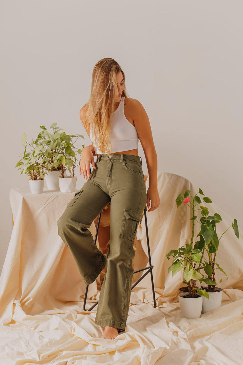 Pantalón verde ancho cargo DW175 – Denim Wave